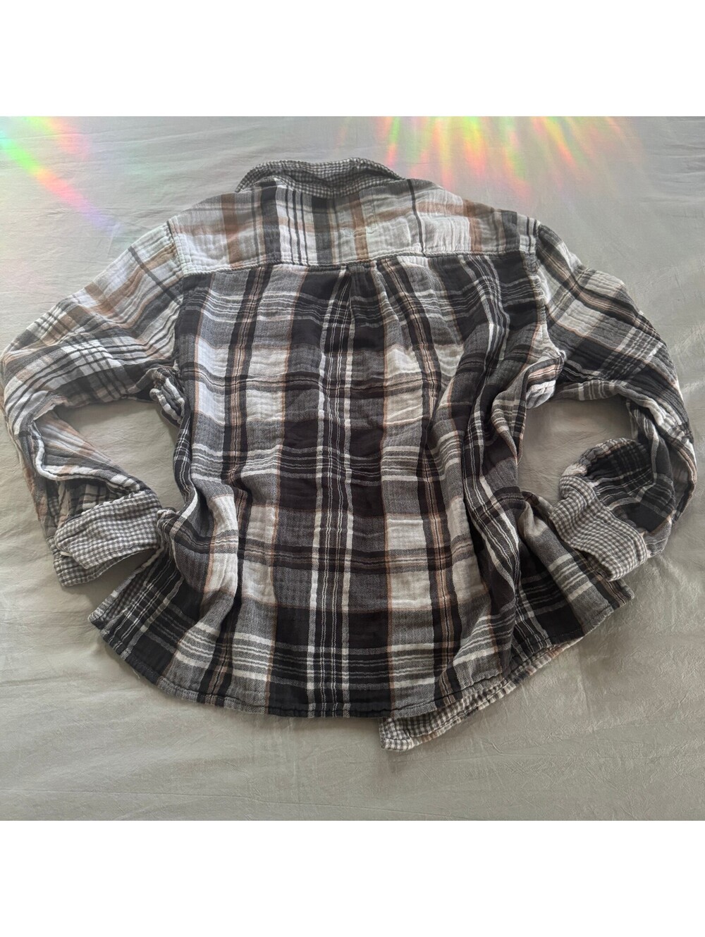 aerie Lightweight Cotton Plaid Shirt Black Brown Size L - Picture 6 of 6